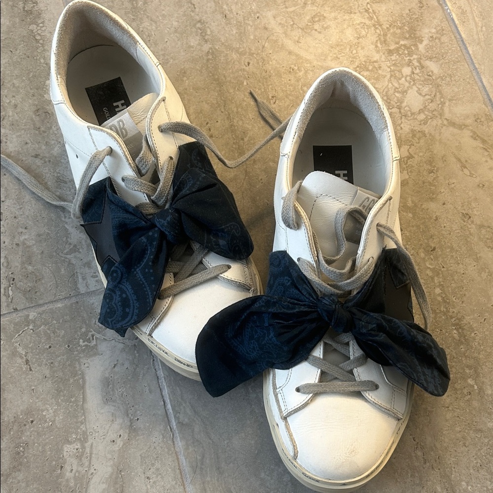 Golden Goose White Sneakers with Navy Bow sz 9 VGUC